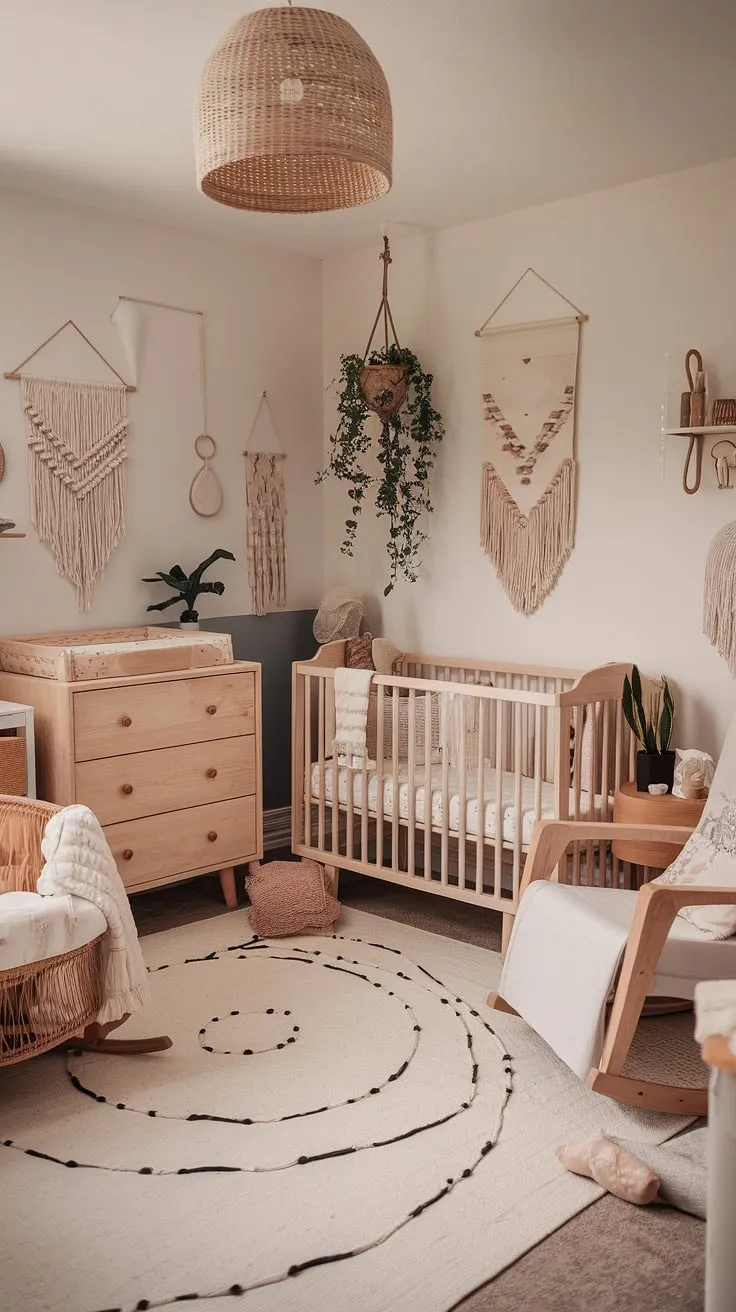 This calming neutral boho nursery is a haven of natural wood nursery furniture and thoughtful design.  Explore gender-neutral nursery ideas with this space, which cleverly incorporates a dedicated nursery corner and a mini office area, perfect for parents seeking office nursery design ideas or a nursery office combo.