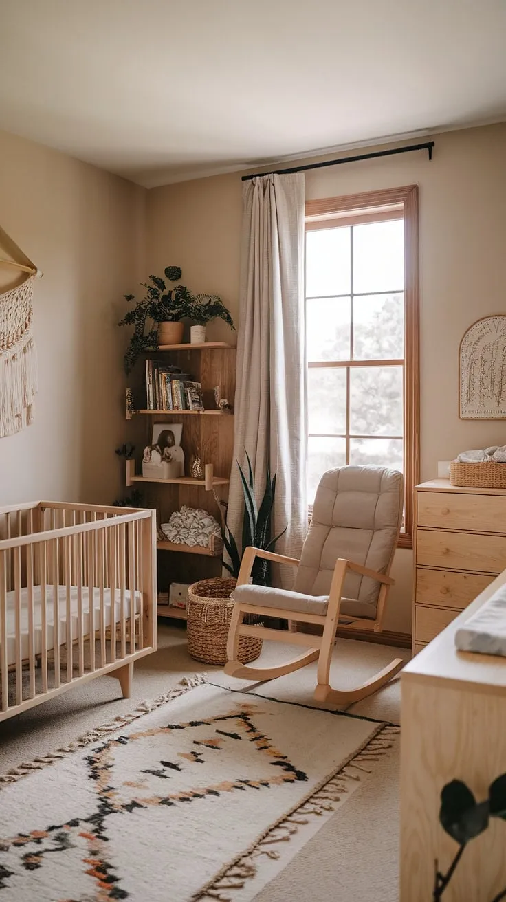 Dreamy and practical, this gender-neutral nursery showcases the beauty of natural wood nursery furniture within a calming boho aesthetic.  Explore these gender-neutral nursery ideas and envision your own perfect nursery corner design, perhaps even incorporating a mini office space as seen here – a fantastic example of office nursery design ideas.