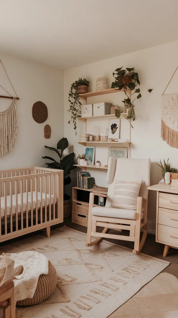 Dreamy and functional, this nursery office combo showcases the best of neutral boho nursery design.  Natural wood nursery furniture anchors the space, complemented by thoughtful nursery corner design and stylish wall art.  Get inspired by these gender-neutral nursery ideas for a space that's both beautiful and practical.