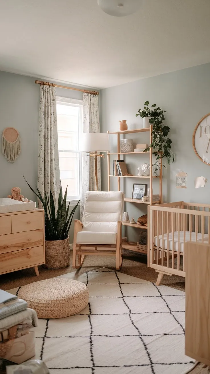 This neutral boho nursery seamlessly blends calm and creativity.  Natural wood furniture anchors the space, while clever design creates a dedicated nursery corner that also functions as a peaceful home office—the perfect blend of gender-neutral nursery ideas and practical office nursery design ideas.