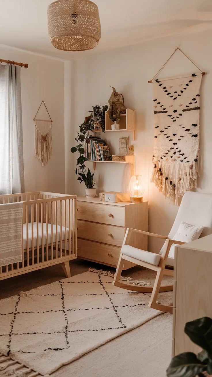Creating a serene and functional space where work and baby bliss collide. This neutral boho nursery, featuring natural wood furniture, seamlessly blends a dedicated nursery corner with a mini-office, offering a perfect example of gender-neutral nursery ideas and office nursery design ideas.