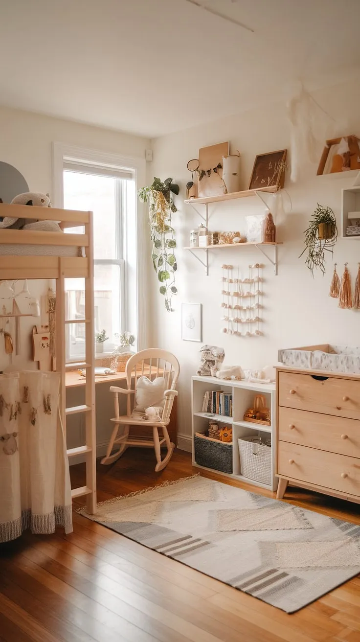 This neutral boho nursery corner seamlessly blends work and play.  Natural wood furniture creates a calming atmosphere, perfect for both baby and parent.  A beautiful example of gender-neutral nursery ideas and clever office nursery design ideas, showcasing how a dedicated nursery office combo can be both functional and stylish.