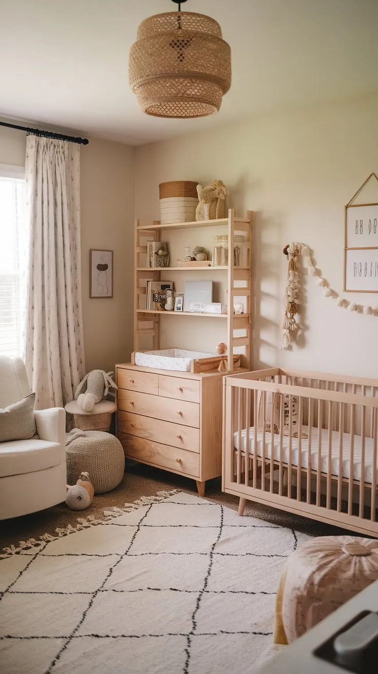 This nursery corner design cleverly combines a peaceful nursery with a dedicated workspace, ideal for parents needing a home office.  Natural wood nursery furniture anchors the neutral boho nursery, creating a calming and stylish environment.  Explore these gender-neutral nursery ideas for a space that's both functional and aesthetically pleasing, a perfect example of office nursery design ideas.