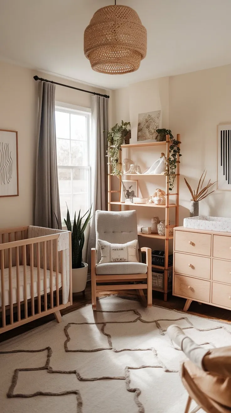 This neutral boho nursery seamlessly blends style and functionality, showcasing natural wood nursery furniture in a clever nursery corner design.  The space effortlessly transitions into a dedicated work area, offering inspiring office nursery design ideas for parents who need a productive yet calming environment.