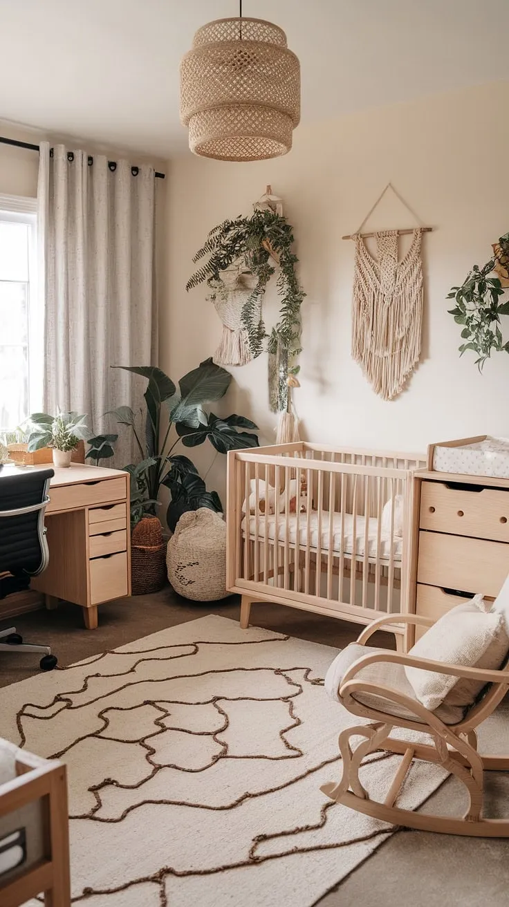 Dreamy and functional, this nursery office design showcases the best of both worlds.  Natural wood nursery furniture anchors the space, while soft textures and a neutral boho nursery palette create a serene environment.  Get inspired by this gender-neutral nursery ideas and clever nursery corner design for a space that's as stylish as it is practical.