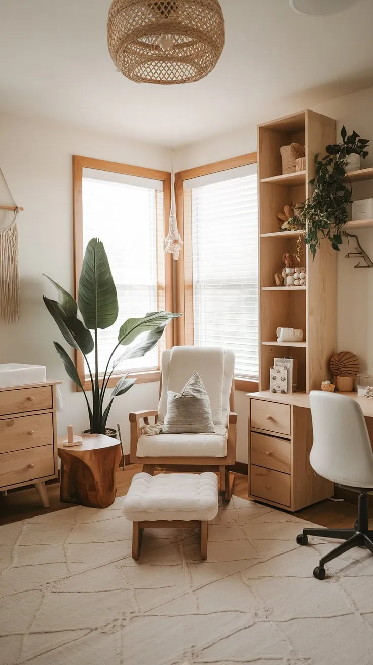 Create a serene sanctuary for your little one and yourself with this nursery office combo.  Natural wood nursery furniture grounds the neutral boho nursery, offering a calming aesthetic. This clever nursery corner design showcases inspiring gender-neutral nursery ideas, proving that functionality and style can coexist beautifully.