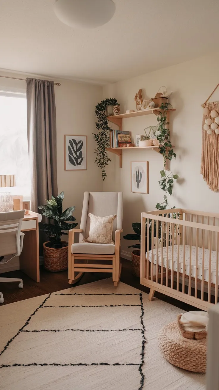 This nursery corner design cleverly combines a peaceful nursery with a functional home office, perfect for parents who need to work from home.  Natural wood nursery furniture anchors the neutral boho nursery, creating a stylish and gender-neutral space.  Explore these office nursery design ideas for a harmonious blend of work and baby care.
