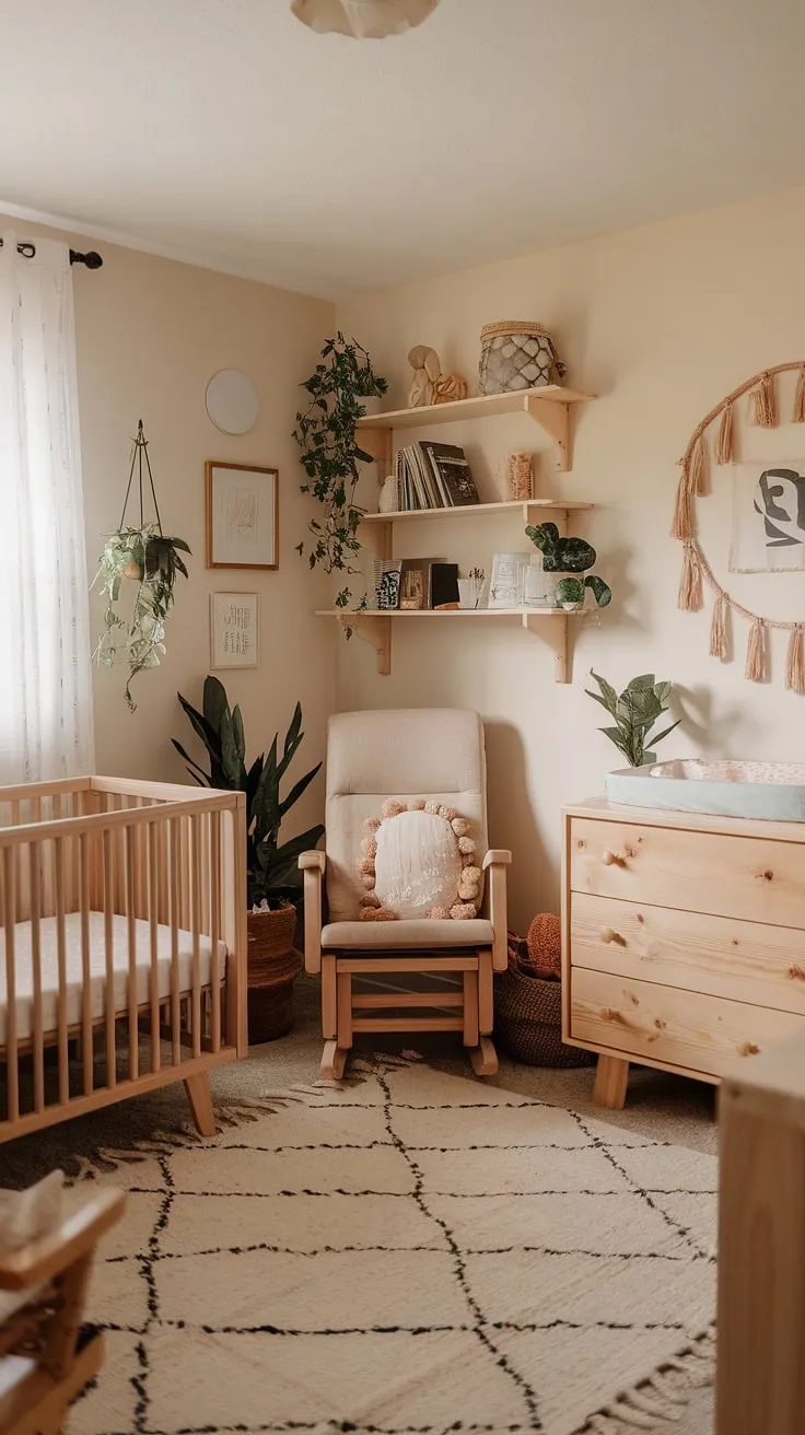 This neutral boho nursery seamlessly blends calm and creativity.  Natural wood furniture anchors the space, while clever design creates a dedicated nursery corner that also functions as a peaceful home office – the perfect blend of gender-neutral nursery ideas and practical office nursery design ideas.