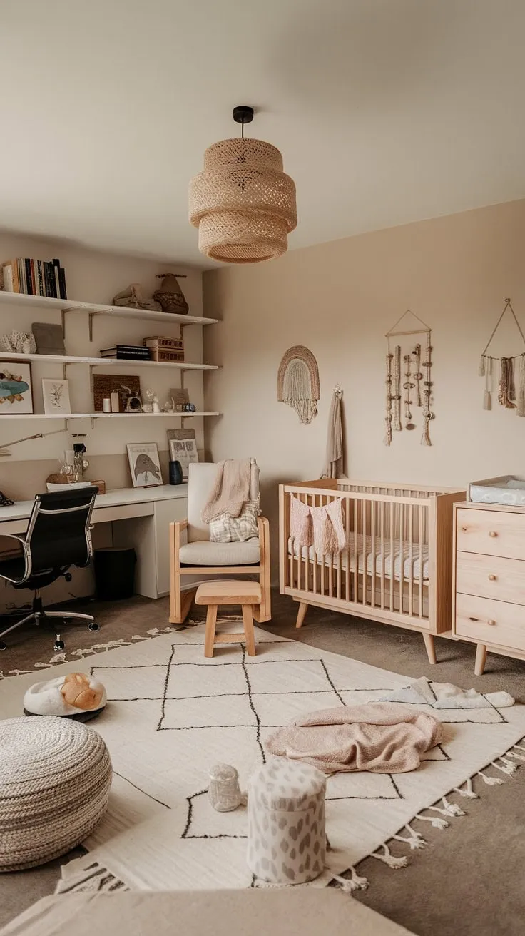 Dreamy and functional, this nursery corner design showcases the best of neutral boho nursery style. Natural wood nursery furniture adds warmth and texture, making it an ideal space for both baby and parent.  Explore these gender-neutral nursery ideas for a space that's both stylish and practical, seamlessly combining nursery and office functionality.