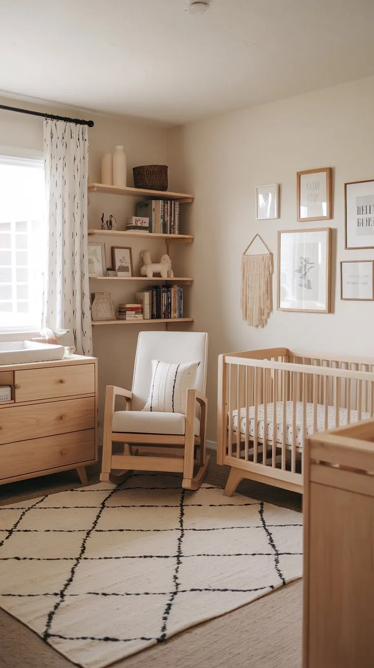 This neutral boho nursery corner seamlessly blends work and play.  Natural wood furniture creates a calming atmosphere, perfect for both baby and parent.  A stylish example of gender-neutral nursery ideas and office nursery design ideas, showcasing a functional and aesthetically pleasing nursery office combo.