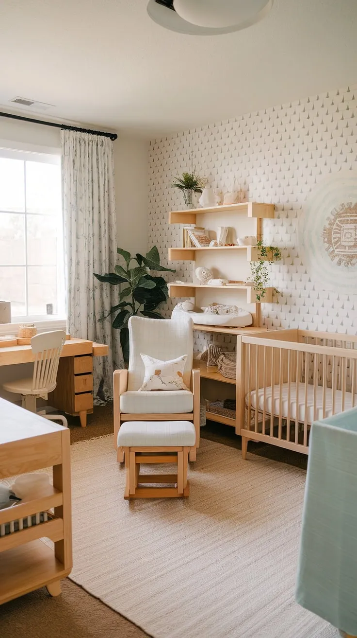 This neutral boho nursery corner seamlessly blends work and play.  Natural wood furniture creates a calming atmosphere, perfect for both baby and parent.  A beautiful example of gender-neutral nursery ideas and clever office nursery design ideas, showcasing a functional and stylish nursery office combo.