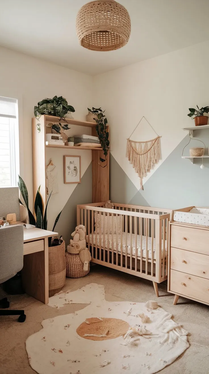 This neutral boho nursery seamlessly blends style and functionality, showcasing natural wood nursery furniture in a clever nursery corner design.  The space effortlessly transitions into a dedicated work area, offering inspiring office nursery design ideas for parents who need a productive yet calming environment.