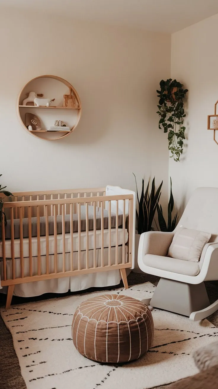 This calming neutral boho nursery showcases the beauty of natural wood nursery furniture.  The thoughtful nursery corner design seamlessly integrates a workspace, making it a perfect example of gender-neutral nursery ideas and inspiring office nursery design ideas for parents who want to work from home. The space is both functional and aesthetically pleasing, a true nursery office combo.