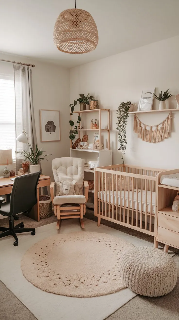 This neutral boho nursery corner seamlessly blends work and play.  Natural wood furniture creates a calming atmosphere, perfect for both baby and parent.  A stylish example of gender-neutral nursery ideas and office nursery design ideas, showcasing a functional and aesthetically pleasing nursery office combo.