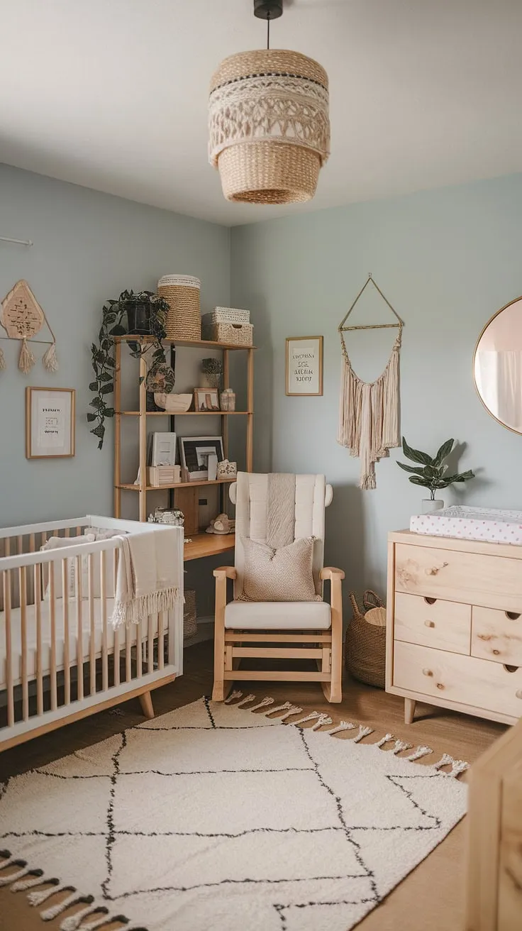 Dreamy and functional, this nursery corner design showcases the best of neutral boho nursery style.  Natural wood nursery furniture adds warmth and sophistication to this space, cleverly combining a dedicated nursery area with a quiet home office—a brilliant solution for parents seeking gender-neutral nursery ideas and office nursery design ideas.