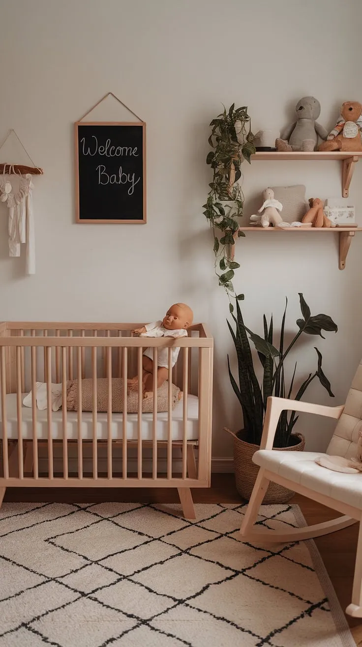 Create a serene and functional space for both baby and work with this neutral boho nursery. Natural wood furniture adds warmth to the clever nursery corner design, seamlessly blending office and nursery elements for a unique nursery office combo.  This showcases stylish gender-neutral nursery ideas perfect for modern parents.