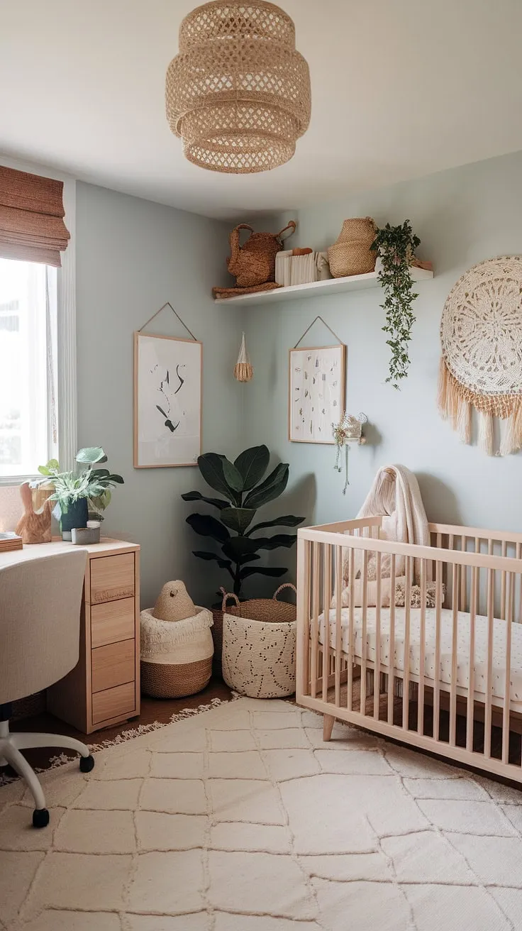 This neutral boho nursery seamlessly blends calm and creativity.  Natural wood furniture anchors the space, while clever design maximizes functionality as a nursery office combo, offering inspiring gender-neutral nursery ideas for a truly unique nursery corner design.
