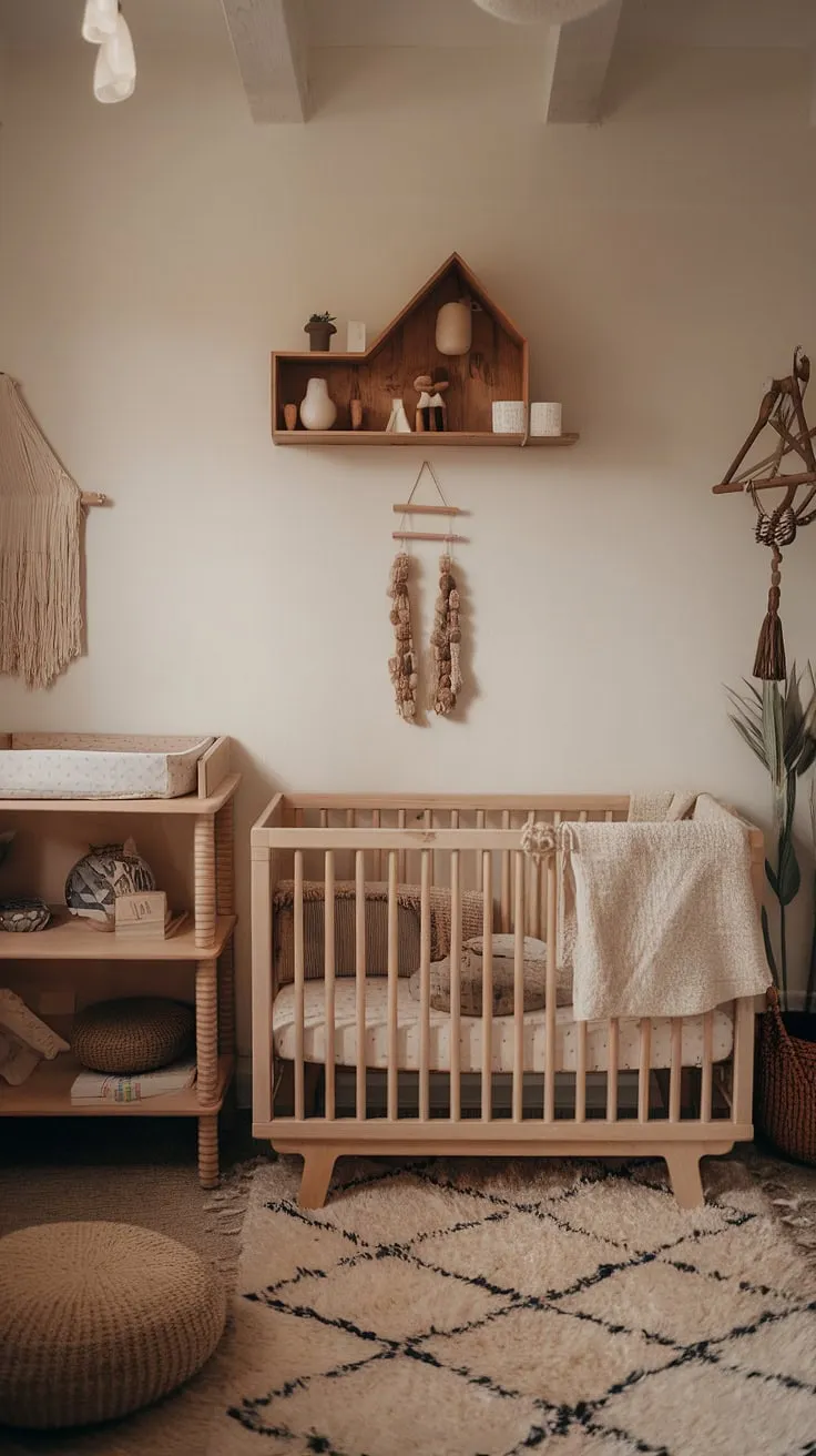 This stunning nursery office combo showcases the best of neutral boho nursery design.  Natural wood nursery furniture creates a warm and inviting atmosphere, while the thoughtful nursery corner design maximizes space and functionality.  Get inspired by these office nursery design ideas for a truly unique and practical space.