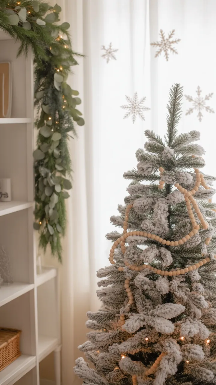 Soft-Lit Neutral Christmas Haven with Flocked Tree and Wooden Beads