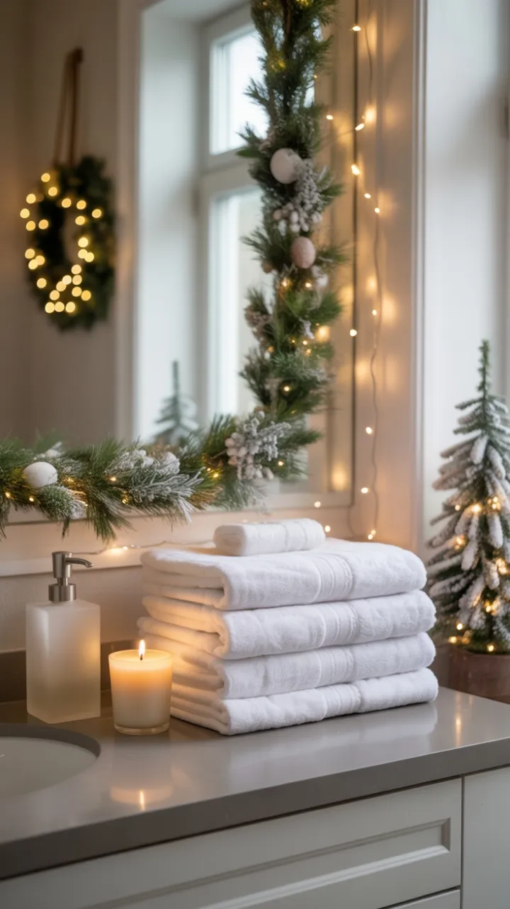 Serene Neutral Holiday Bathroom Bathed in Warm Glow