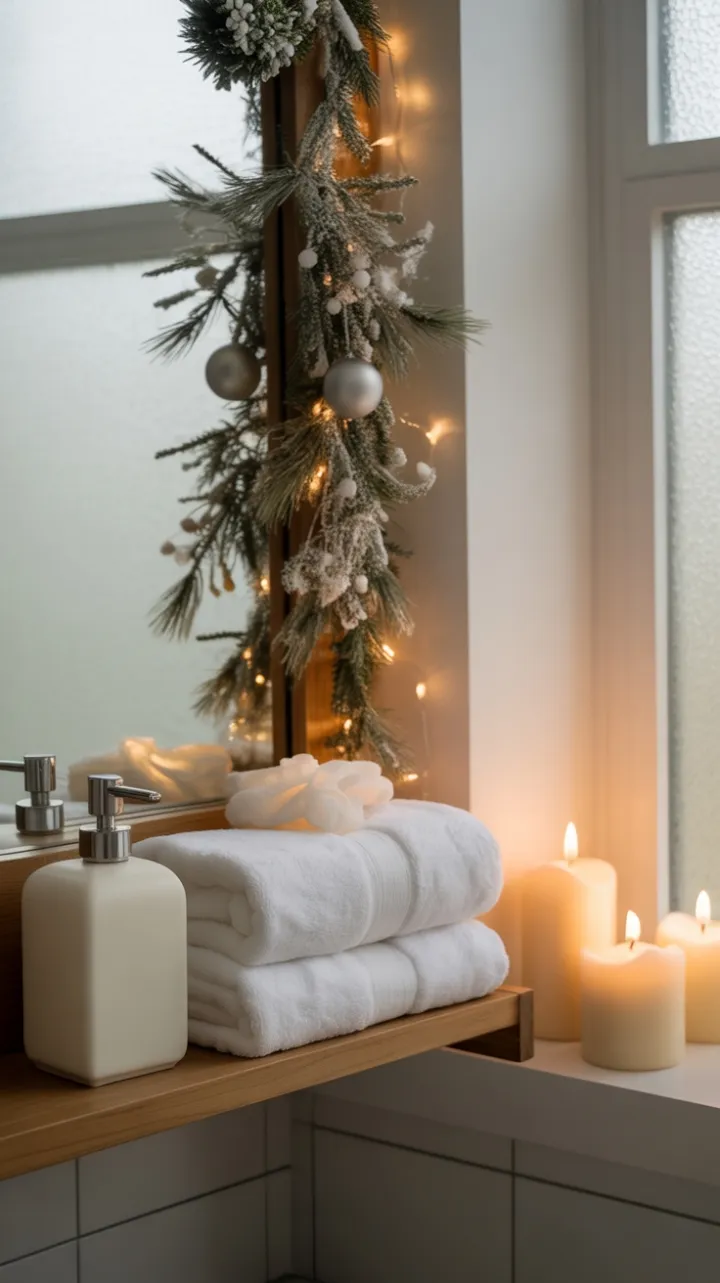 Serene Neutral Christmas Bathroom Dressed in Frosted Pine and Warm Light