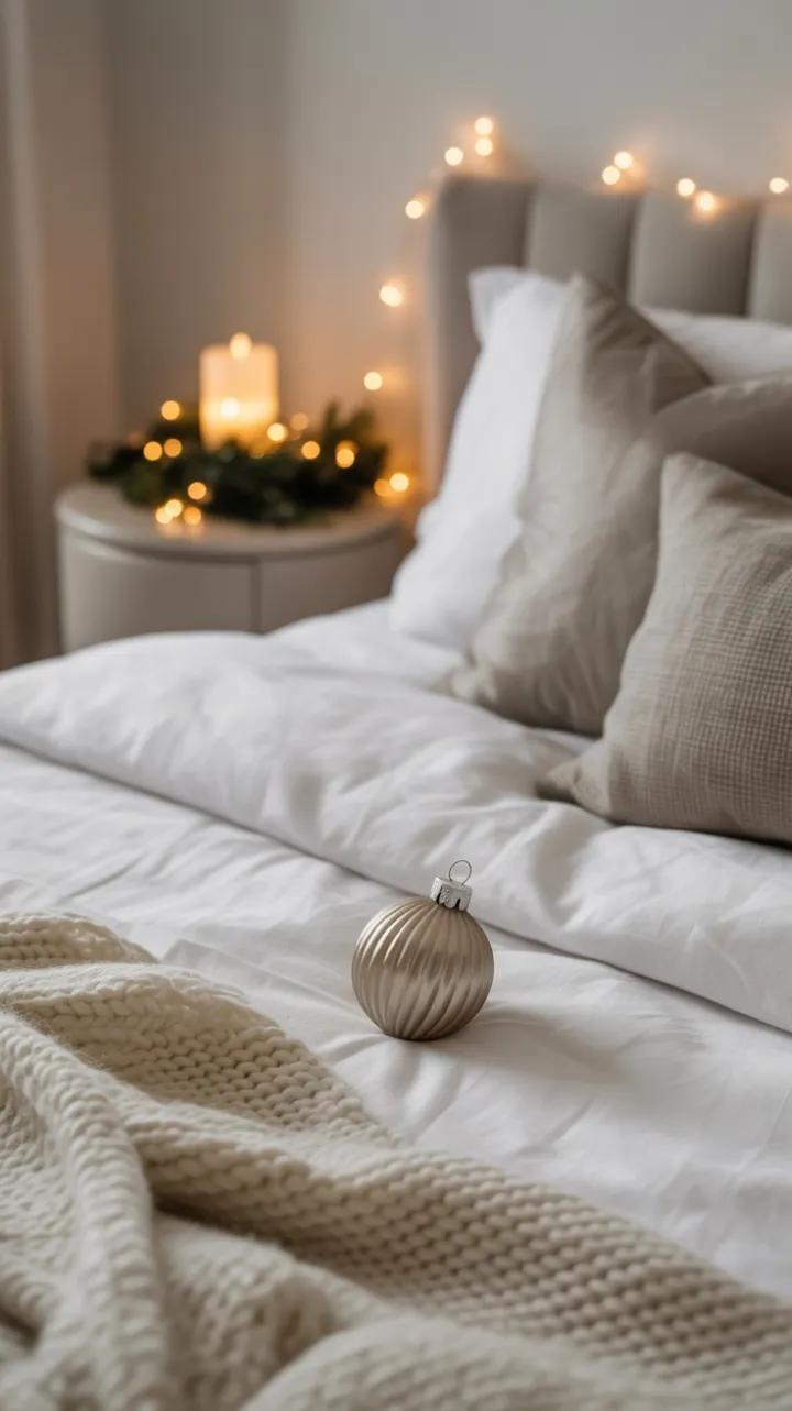 Serene Neutral Christmas Bedroom with Knitted Throw and Twinkling Lights