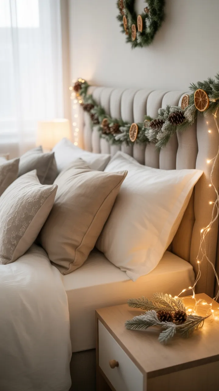 Serene Neutral Christmas Bedroom with Pinecone Garland and Warm Fairy Lights
