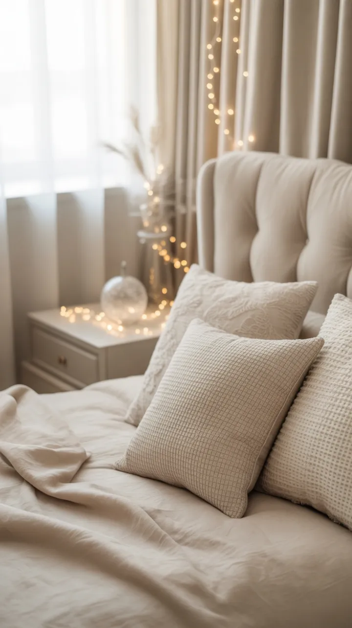 Serene Neutral Christmas Bedroom Bathed in Warm Fairy Light