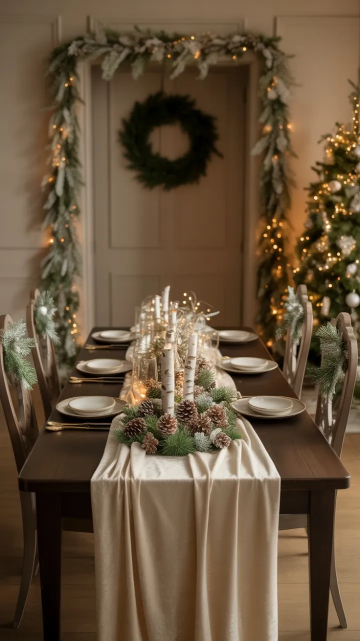 Cozy Christmas Dinner with Velvet Table and Twinkling Silver Birch