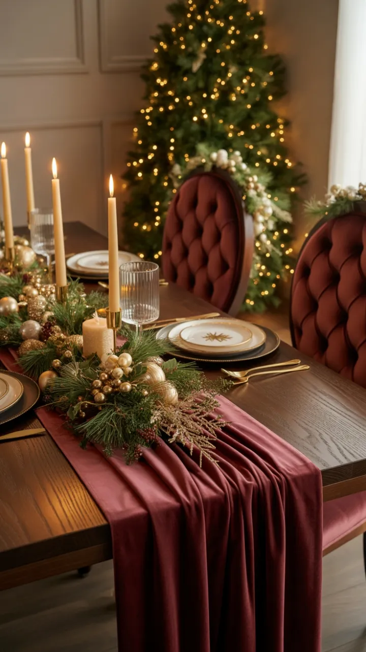 Burgundy Velvet Holiday Table Dressed in Gold and Warmth