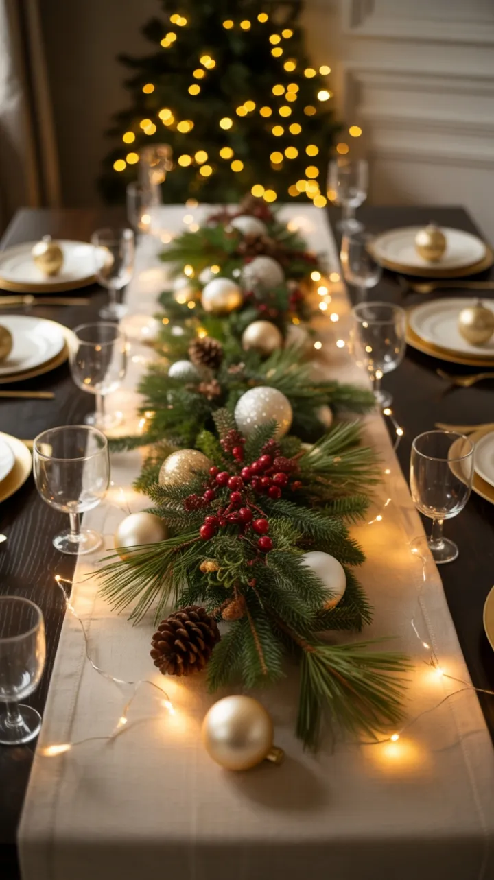 Cozy Christmas Table Dressed in Pine, Berries and Twinkling Lights