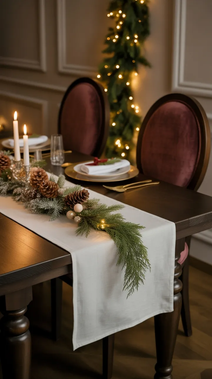 Candlelit Christmas Table Dressed in Velvet, Silver, and Evergreen