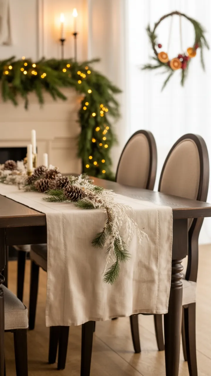 Warm Linen Holiday Table with Birch, Pine, and Golden Touches