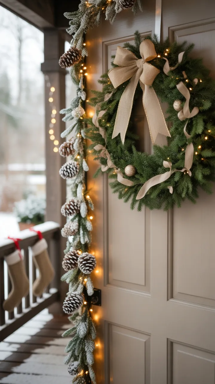Rustic Neutral Holiday Welcome with Burlap Bow and Twinkling Pinecones