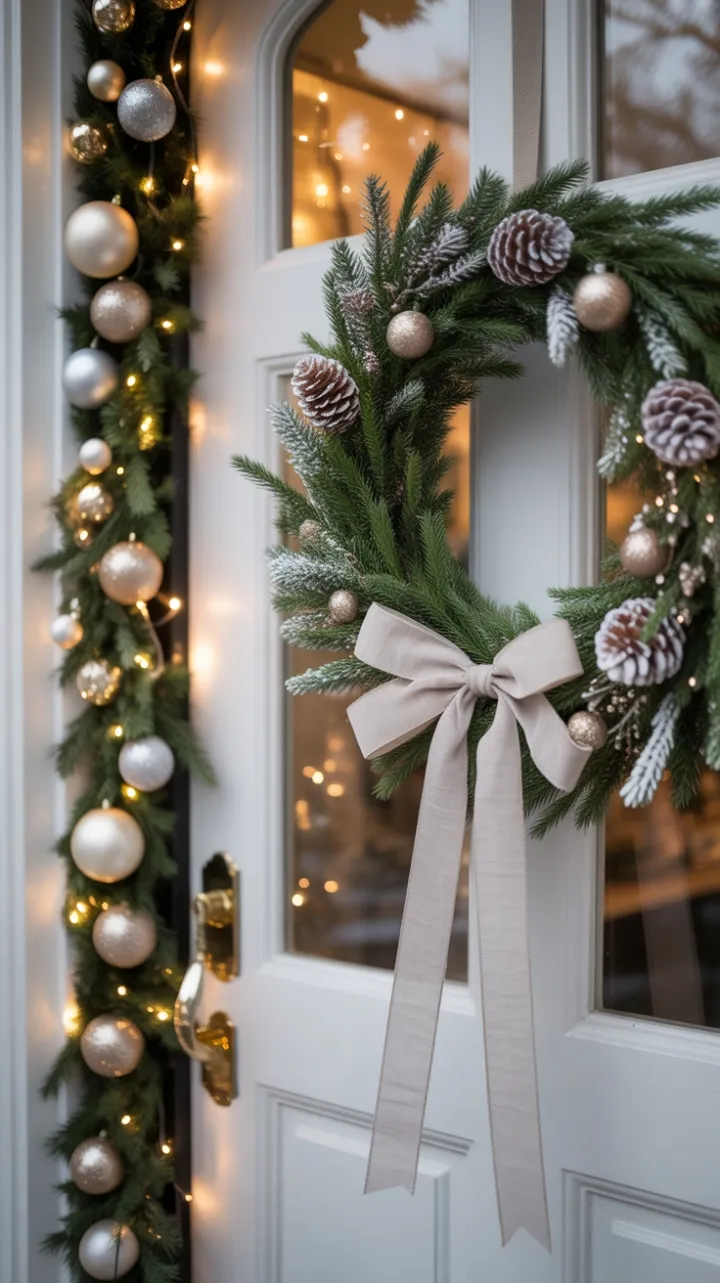 Linen Bow Wreath and Snow-Dusted Holiday Glow