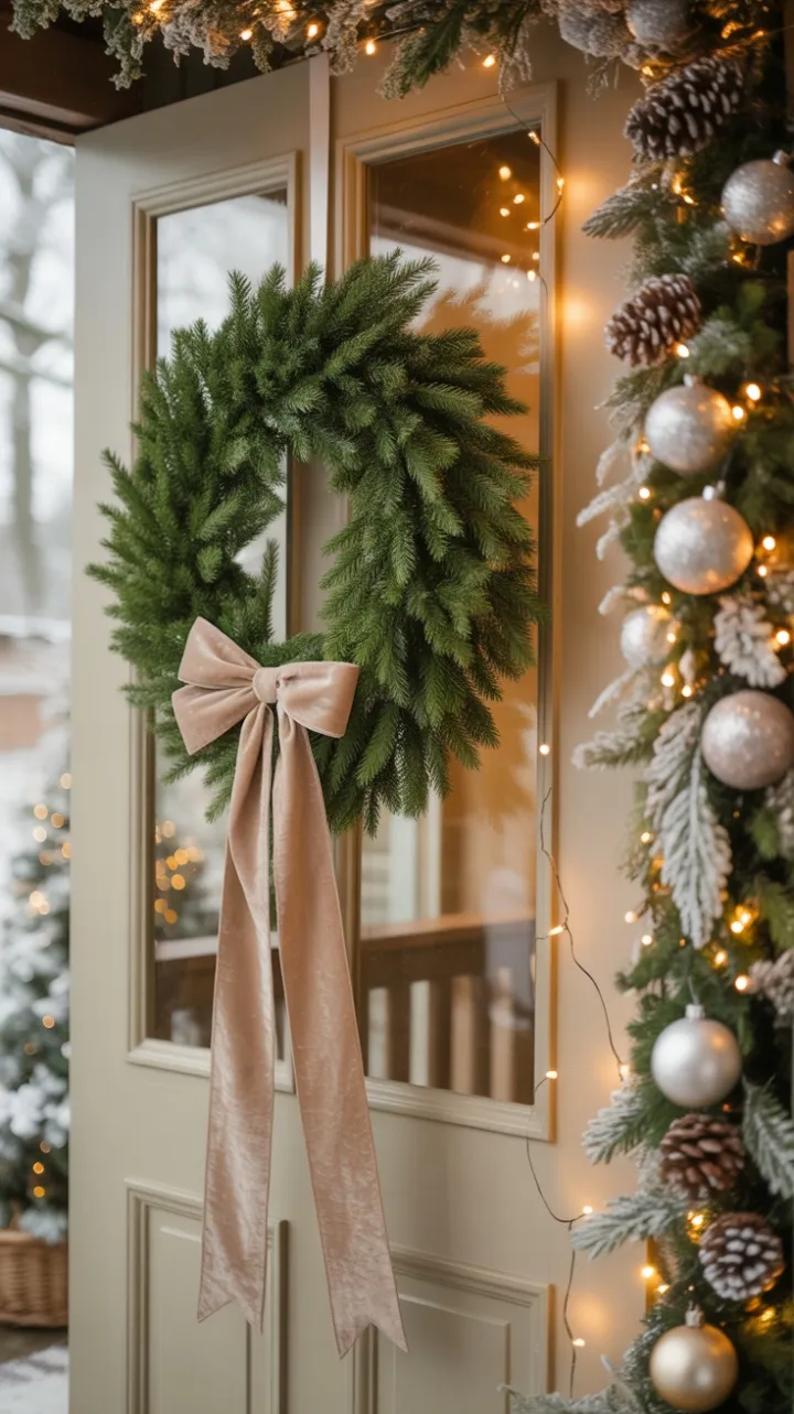 Champagne Velvet Wreath on a Snow-Kissed Holiday Door