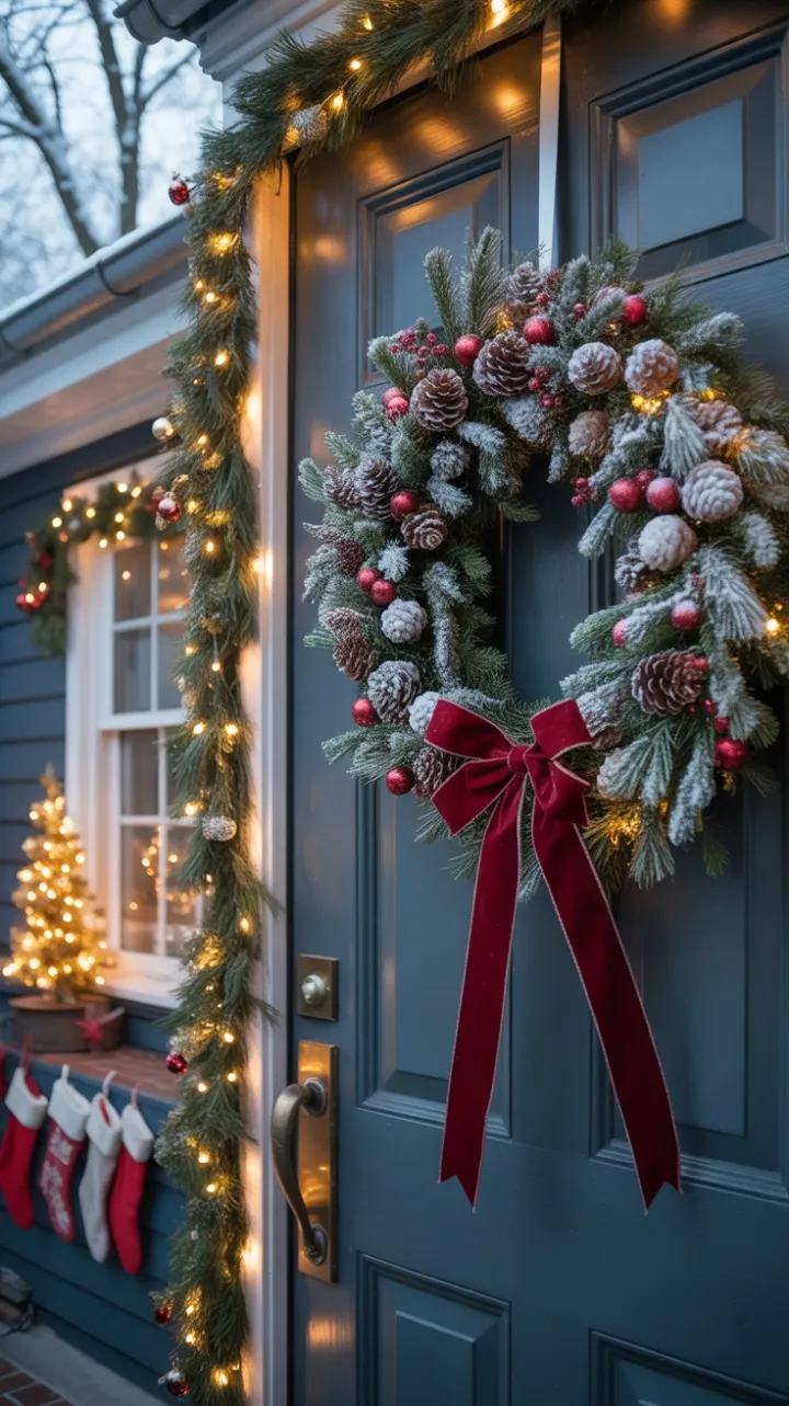 Velvet Bow and Twinkling Lights for a Snowy Christmas Welcome