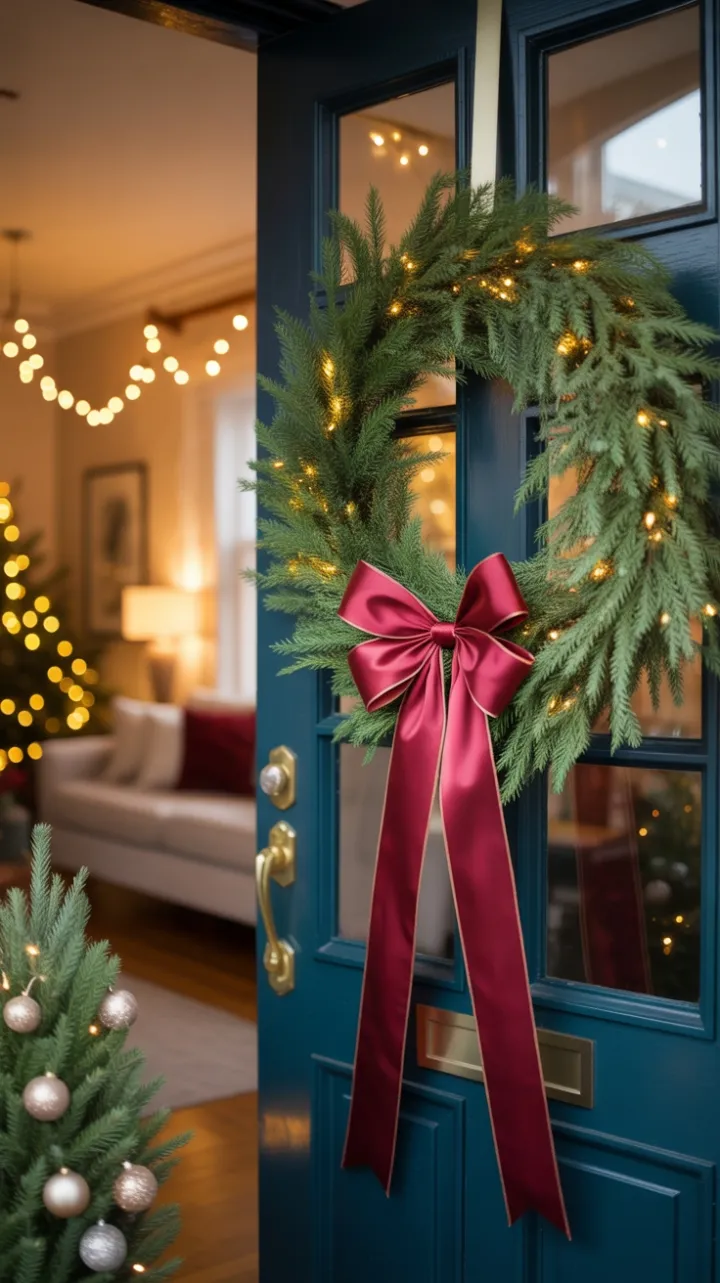 Twinkling Wreath and Burgundy Bow Welcome You Home