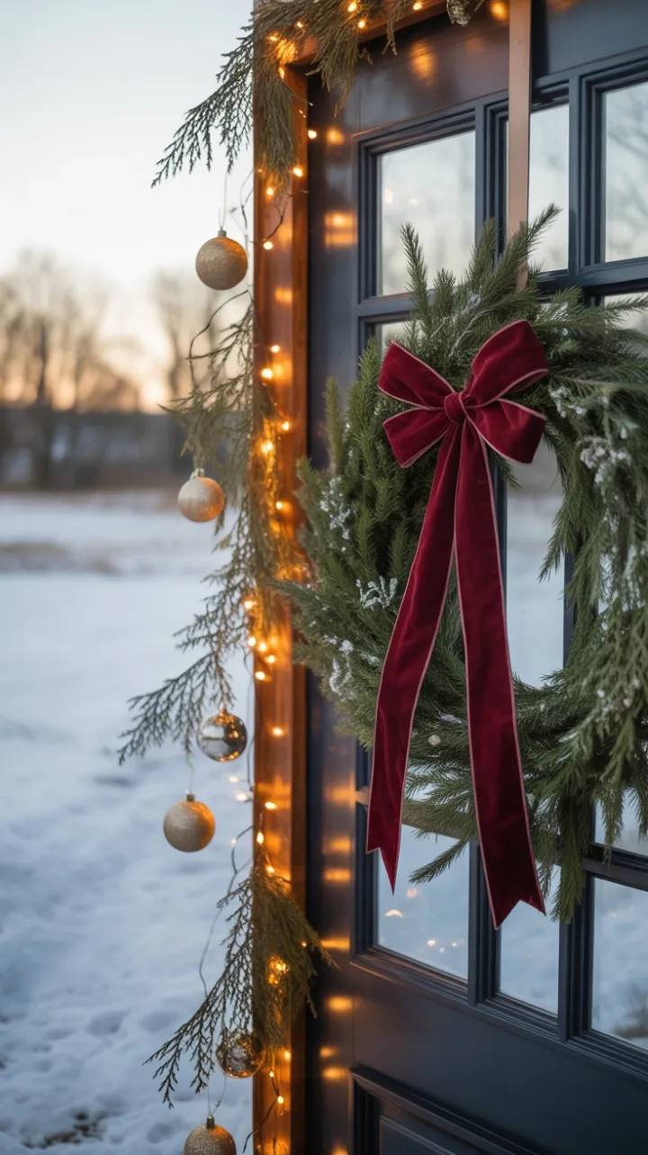Sunlit Winter Welcome with Velvet Bow and Fairy Lights