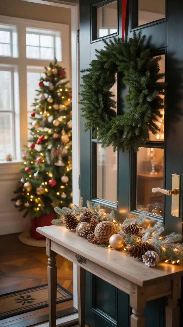 Cozy Christmas Welcome with Classic Wreath and Rustic Glow