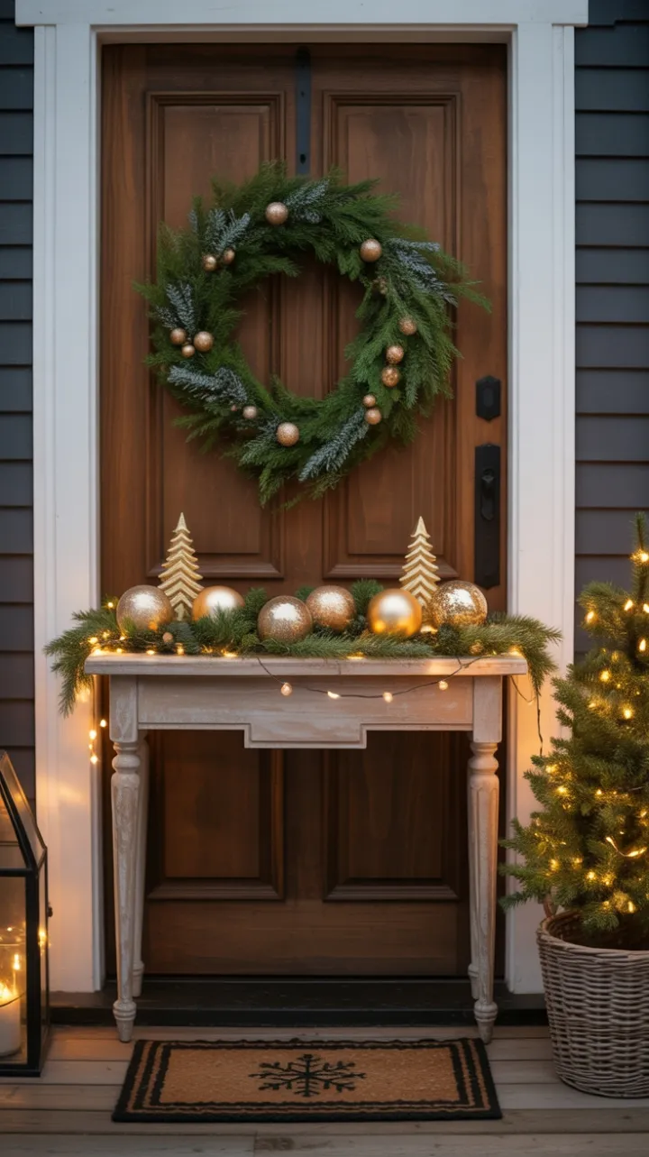 Cozy Rustic Christmas Entryway With Wreath, Golden Ornaments, and Twinkling Lights