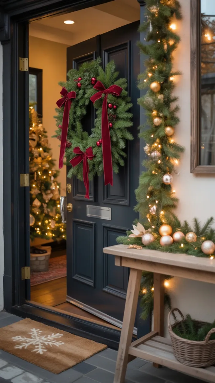 A Cozy Christmas Welcome with Velvet Bows and Twinkling Lights