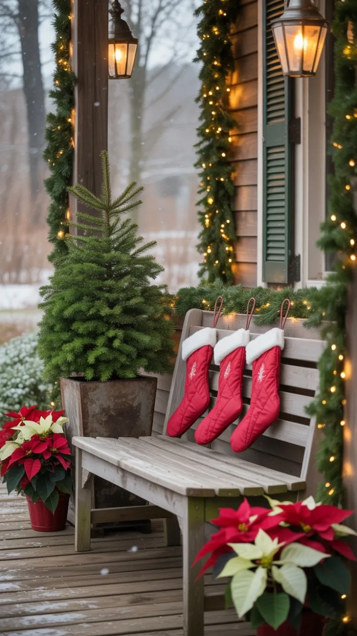 Snow-kissed Christmas porch with stocking-draped bench and lantern glow