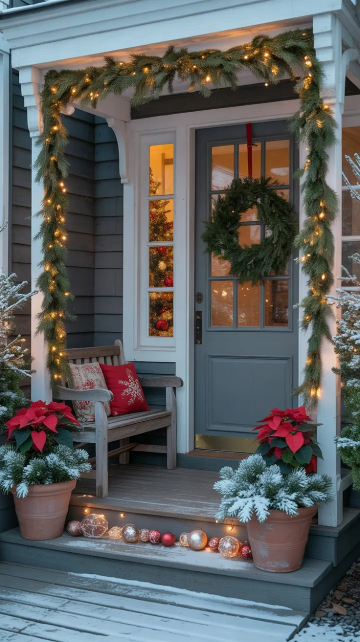Snow-Kissed Front Porch Wrapped in Warm Holiday Lights