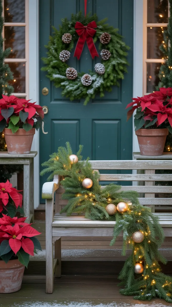 Snow-Kissed Holiday Porch with Twinkling Lights and a Festive Wreath