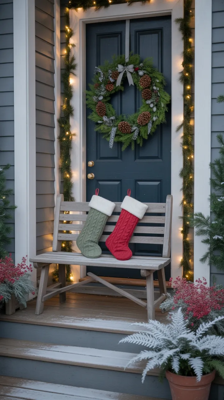 Twilight Welcome on a Rustic Christmas Porch