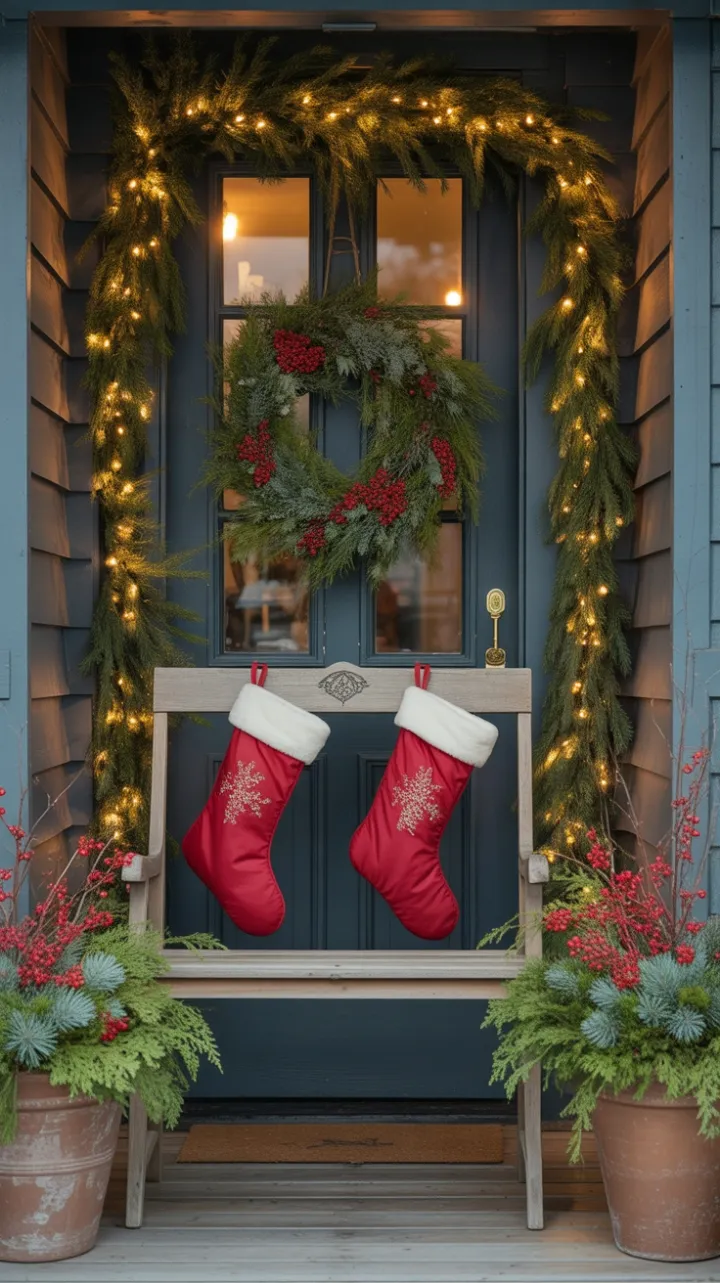Cozy Christmas Welcome on a Garland-Lit Front Porch