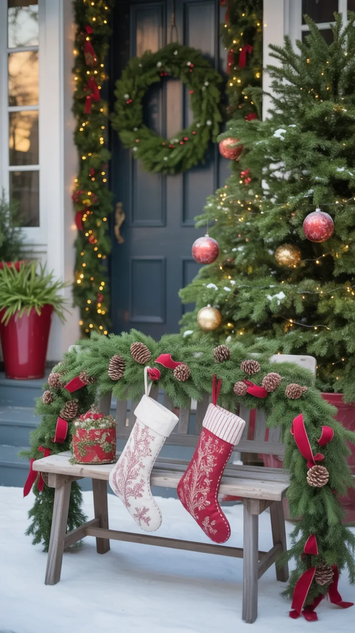 Sunlit Snow-Dusted Porch Draped in Holiday Warmth