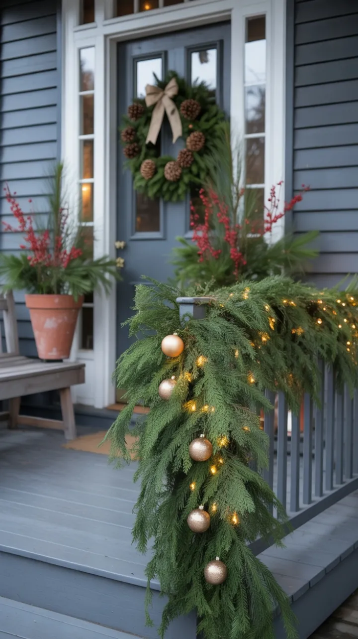 Sunlit Christmas Porch with Evergreen Garland, Gold Ornaments, and Cozy Bench
