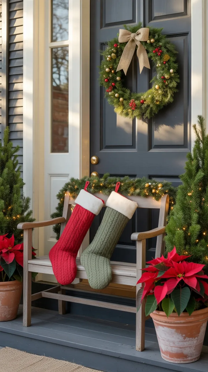 Golden-Hour Holiday Porch With Cozy Bench, Poinsettias, and Twinkling Lights